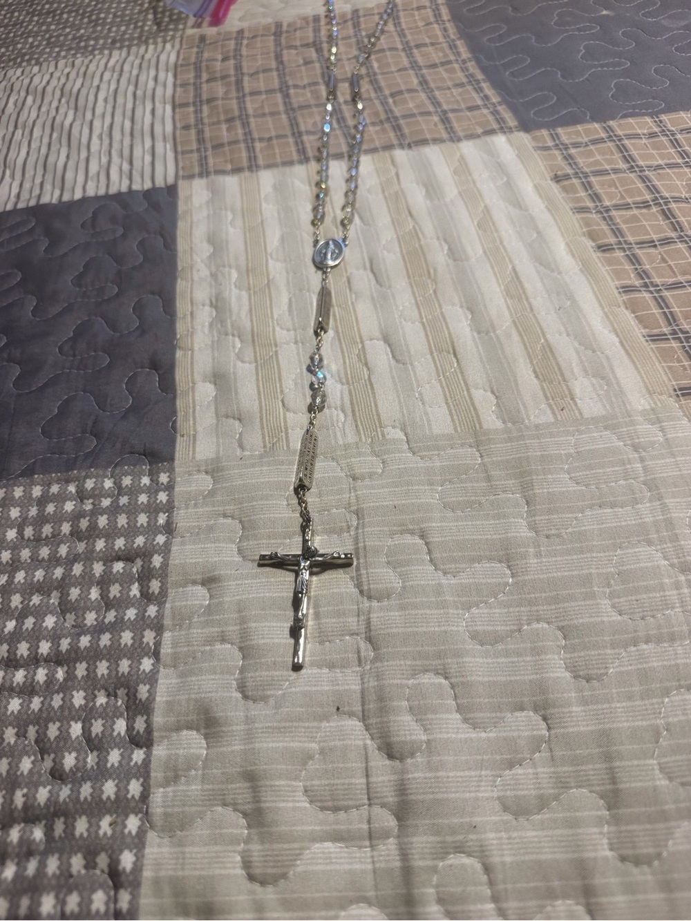 Vintage Rosary Faceted Aurora Borealis Beads Crucifix Silver Tone Triangle Beads